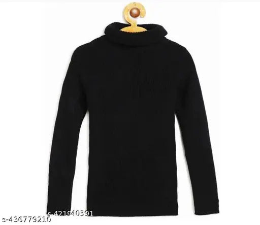 Black wool high neck sweaters for kids, self-designed pattern, long sleeves, multiple sizes from newborn to 7 years