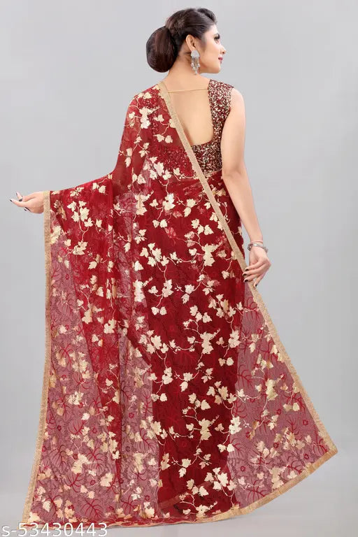 Maroon Georgette foil printed saree with unstitched blouse - embellished sequined blouse piece for semi-stitched condition, free size from India
