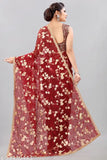 Maroon Georgette foil printed saree with unstitched blouse - embellished sequined blouse piece for semi-stitched condition, free size from India