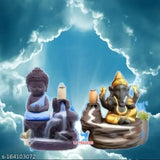 Blue Ganesh & Buddha resin showpiece combo pack with smoky waterfall effect, Indian artistry