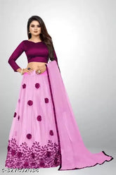 Satin and net Forrkeyy lehenga-choli set, embroidered with semi-stitched style, for ages 12-16 or free size, traditional Indian wear for functions, festivals, parties, and weddings