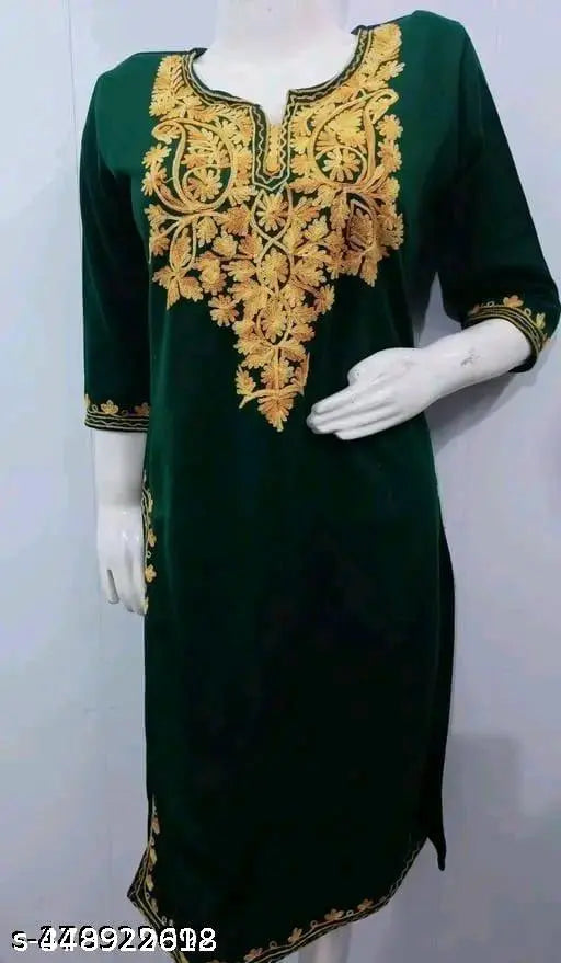 Exquisite embroidered wool kurti, premium material, three-quarter sleeves. Single sizes: M (38in bust, 42in length), L, XL, XXL, XXXL. Elevate winter style on Gillkart