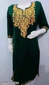 Exquisite embroidered wool kurti, premium material, three-quarter sleeves. Single sizes: M (38in bust, 42in length), L, XL, XXL, XXXL. Elevate winter style on Gillkart