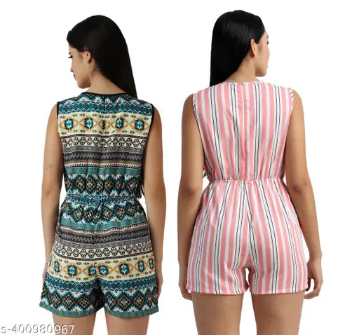 Women's printed knee-length crepe jumpsuit pack-2, short sleeveless Indian design in sizes S-XL