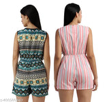 Women's printed knee-length crepe jumpsuit pack-2, short sleeveless Indian design in sizes S-XL