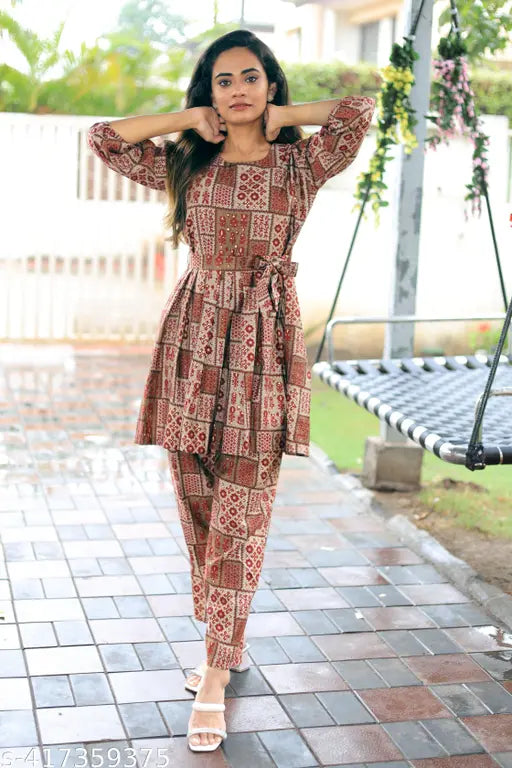 Designer cotton blend coords set with embossed foil prints, long sleeves and cropped pants