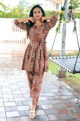 Designer cotton blend coords set with embossed foil prints, long sleeves and cropped pants