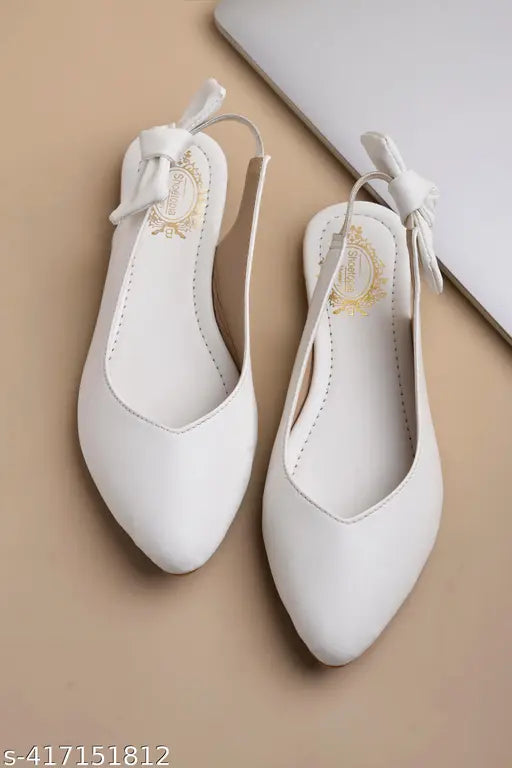 White synthetic ballerinas, casual side bow detailed flat belly shoe by Shoetopia for women & girls, feeling comfortable on feet