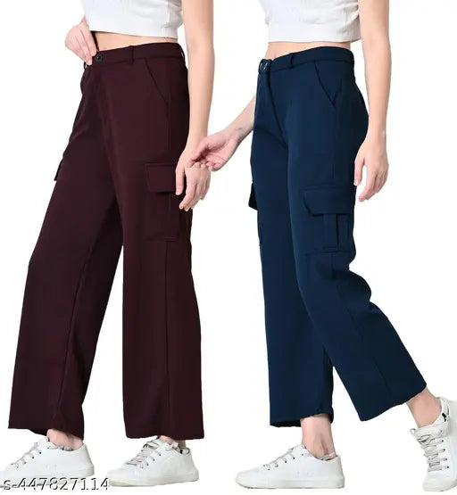Stylish cotton blend cargo pants for women & girls (pack of 2) - Solid pattern, adjustable waistband, functional pockets for casual & outdoor wear