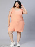 Coral viscose playsuit, relaxed fit, ruffled v-neck and hem, elastic waistline - vibrant plus size women's fashion in India