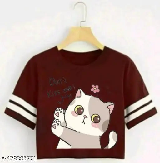 Trendy cotton blend printed t-shirt for women, short sleeves, size M (36in bust, 22in length)