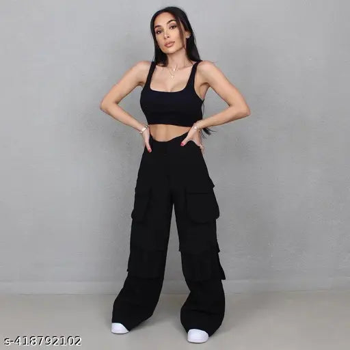 Black cotton blend Korean 5-pocket cargo pants on model