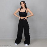 Black cotton blend Korean 5-pocket cargo pants on model