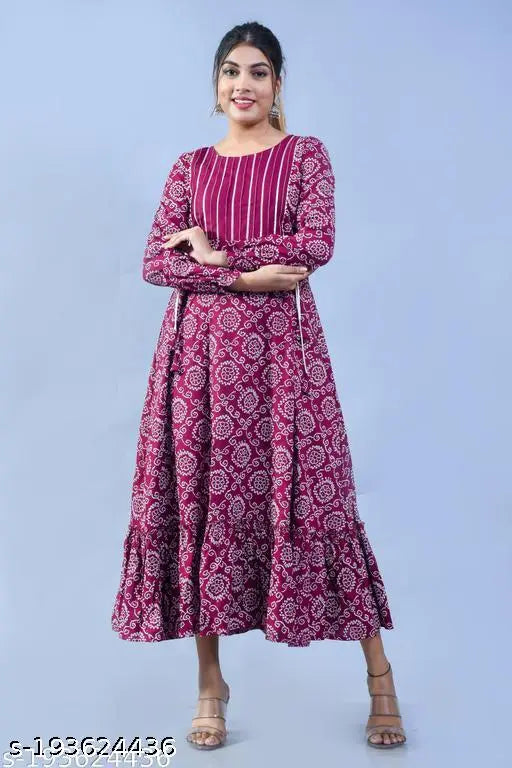Wine-colored rayon bandhani print tier kurti with three-quarter sleeves, popular Indian fashion for women