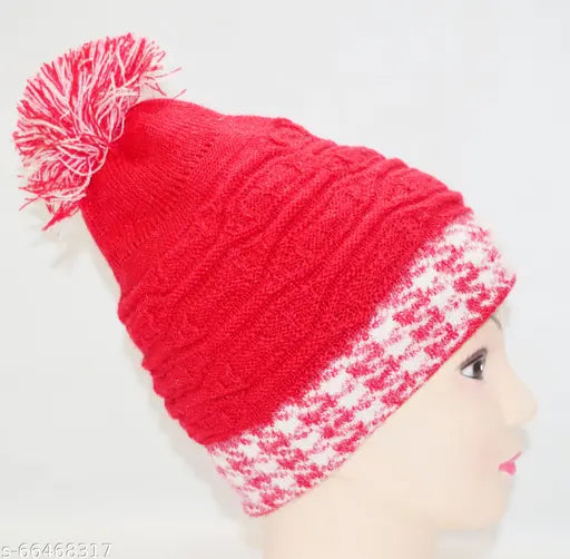 Red wool self-design traditional cap, fashionable women's accessory from India