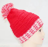 Red wool self-design traditional cap, fashionable women's accessory from India