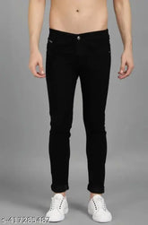 Black cotton men's mid-rise jeans with stretch, modern wash pattern, and slim fit. Comfortable, classic button & zipper closure, sizes: 28/30/32, country of origin: India