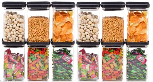 Black airtight kitchen storage container combo set, 1200 ml plastic dry fruit jar (pack of 12), BPA-free and stackable for space-saving organization