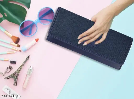 Blue faux leather clutch handbag, five compartments for everyday essentials