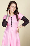 Baby Pink Rayon Anarkali Kurti with Black Polka Border, three-quarter sleeves, office/occasion wear, comfortable, breathable, premium quality fabric