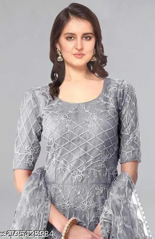 Gorgeous gray embroidered net semi-stitch woman gown with short sleeves, high quality product made in India