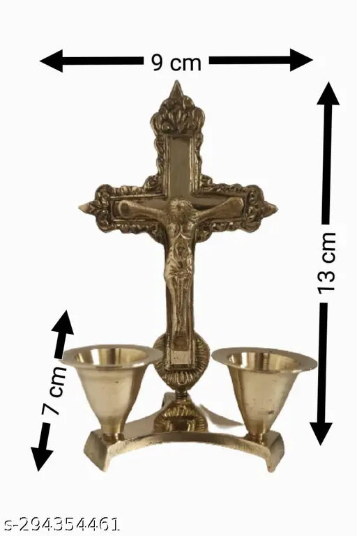 Antique finish pure brass Christian cross statue with attached candle stand, 5-inch golden idol of Jesus Christ for prayer, worship home decor