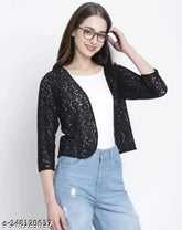 Classic black net shrug, three-quarter sleeves, self-design, elevate wardrobe, women's premium fashion accessory, India origin