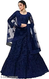 Embroidered silk-net baby lehenga choli for festivals or weddings, semi-stitched with 42" waist and 44" length. Traditional Indian outfit for women of all ages