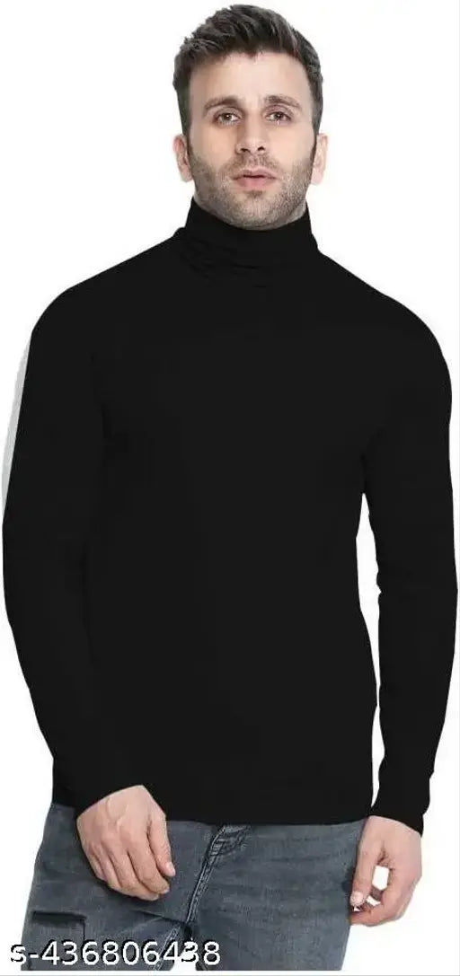 Black high-neck cotton t-shirt, men's full sleeves, trendy and comfortable