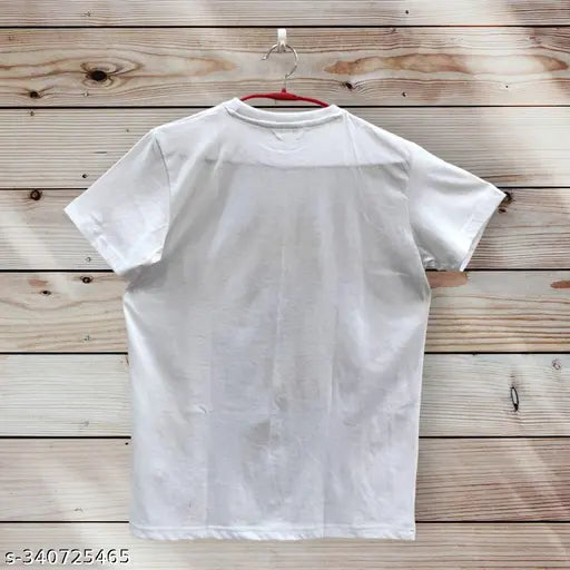 Classic men's white cotton blend round neck t-shirt with printed design, short sleeves, high print quality, available in multiple sizes (S - XXL), originating from India