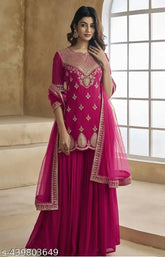 Georgette D8 Kurta with dupatta & sharara, sequinned scalloped sleeves, single piece, Indian ethnic wear