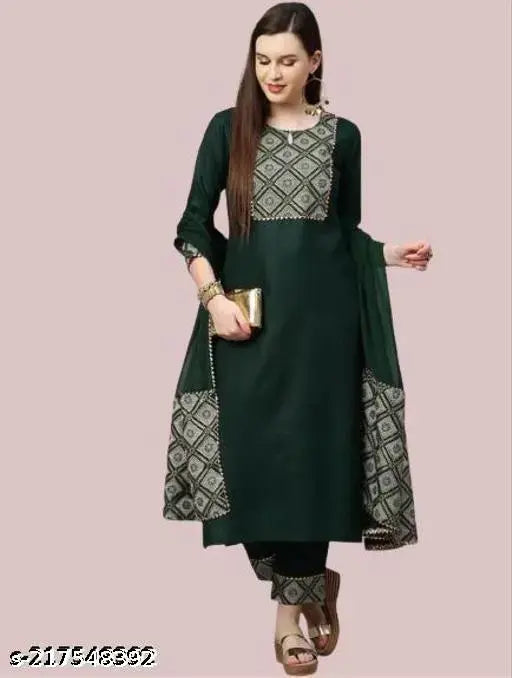 Fashionable polycotton dupatta set with kurta and bottomwear for women, solid color on model