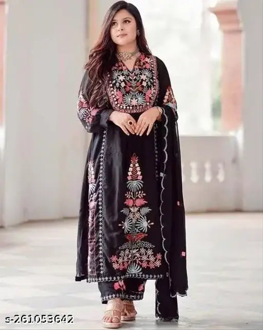 Black dori embroidered georgette crop top suit & bottom set - fancy partywear for women