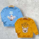 Cotton blend kids sweatshirt combo with full sleeve, adorable dog print design. Ideal for versatile playful outfits in various sizes from 18 months to 16 years. India origin