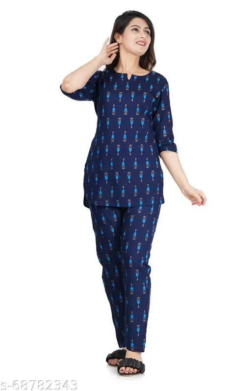 Rayon printed nightsuit for women, Indian-made sleepwear with three-quarter sleeves