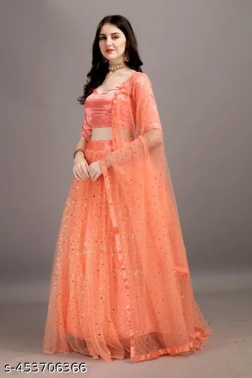 Trendy satin-net Bollywood-style lehenga choli set, embellished dupatta, semi-stitched designer outfit in pitch color