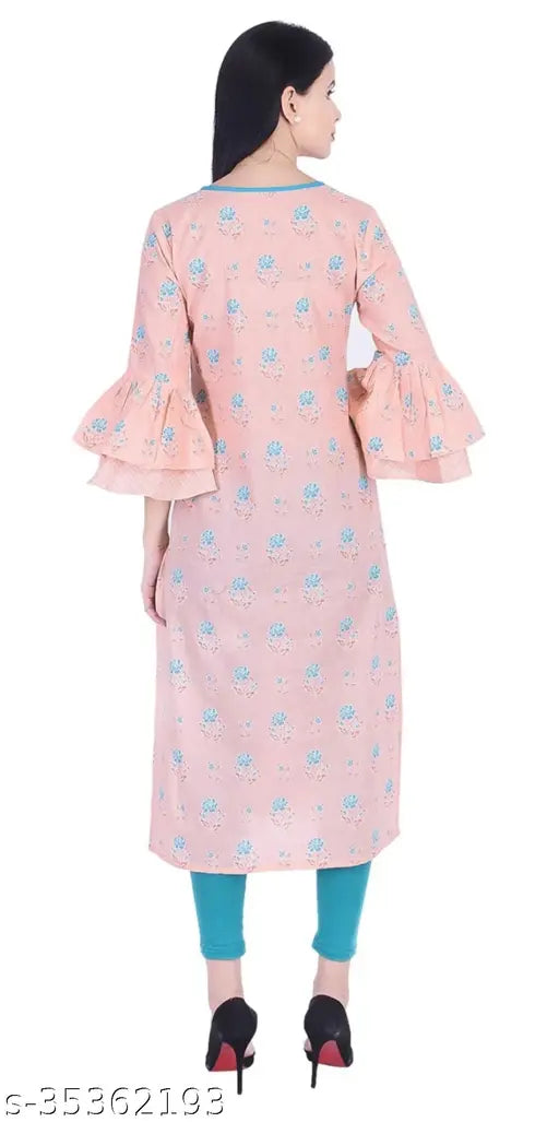 Short-sleeve printed cotton kurti, bell sleeves, pure crepe fabric, elegant Indian design (M: Bust 40in)