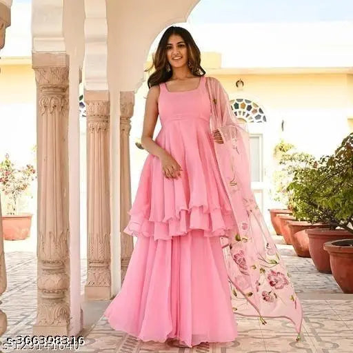 Georgette georgette women's sleeveless western kurti palazzo set in solid color, single quantity for XS-XXL sizes. Made in India