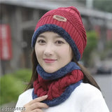 Woolen beanie cap set with neck muffler and scarf, free size in warm wool, Indian-made winter accessory