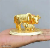 Elegant metal Kamdhenu cow and calf statue, spiritual showpiece for home decor (India)