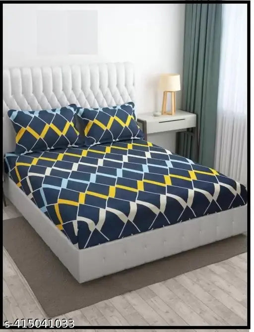 Blue zigzag checkered premium cotton feel elastic fitted bedsheets for double bed, 72x78 + 10 inches, 180 TC supersoft, 2 king-size pillow covers