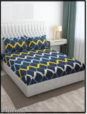 Blue zigzag checkered premium cotton feel elastic fitted bedsheets for double bed, 72x78 + 10 inches, 180 TC supersoft, 2 king-size pillow covers