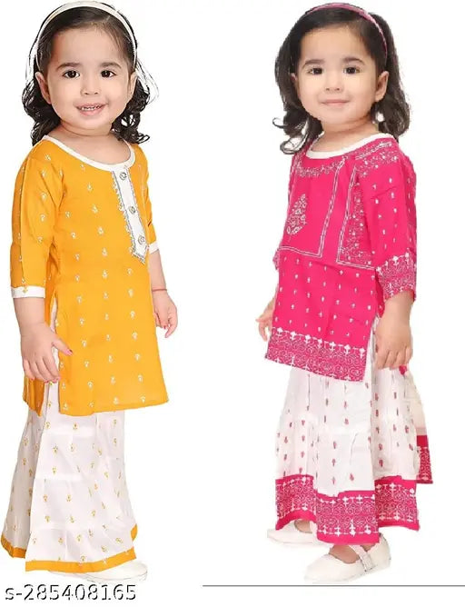 New Rayon Girls Kurta Combo Pack of 2 - Embroidered A-line kurta sets with palazzos & skirts for parties, weddings, or any occasion. Available in sizes from 0-3 Months to 2-3 Years. Made in India