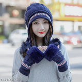 White Arcylic winter combo cap and gloves set, snow-proof beanie with fur lining and warm gloves for women
