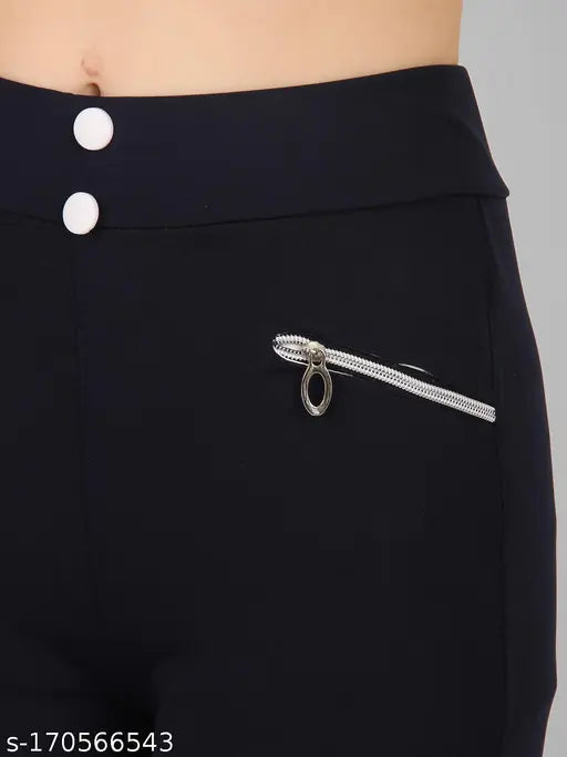 Solid blue polyester pocket jegging for women & girls, stylish fit with front pocket