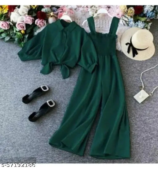 Crepe solid color jumpsuit with shrug (India) - versatile, comfortable women's outfit for casual parties