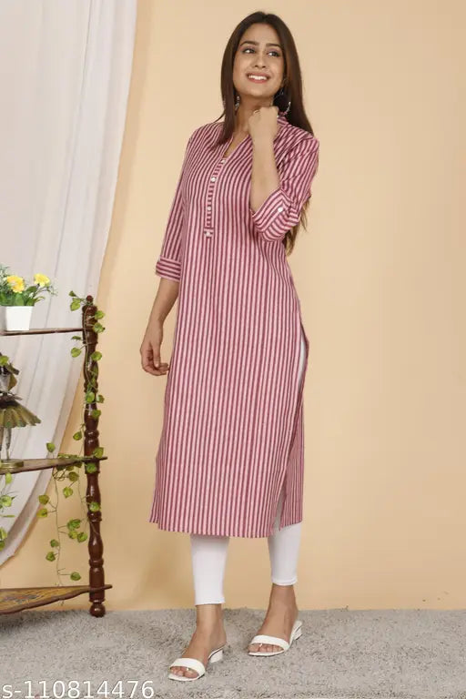 Pink striped cotton kurti, collar neck, 3/4th sleeves, 60s cotton material, calf length, fits bust sizes 34-52 inches, made in India