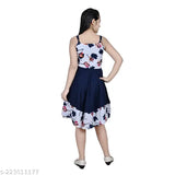 Cotton blend knee-length dresses for girls aged 8-13 years in trendy printed net design, white color, India origin