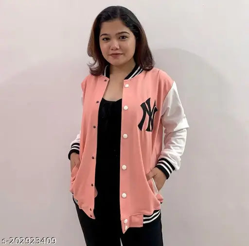 Elastodiene women's bomber jacket, solid style in long sleeves. Varsity jacket from latest trending Indian fashion, size M (Bust 36in, Length 30in)