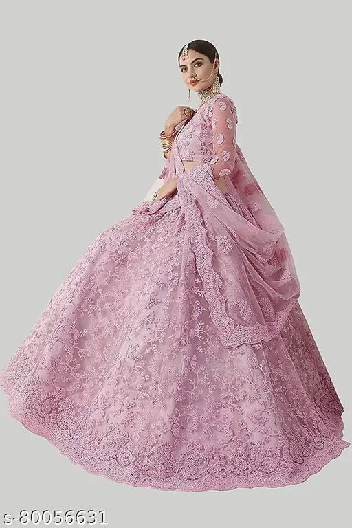 Fancy embroidered net lehenga set for women, semi-stitched with a waist size of 44 inches